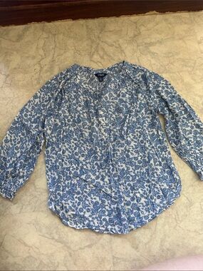 Chaps Blue and White Floral Henley Blouse